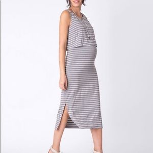 Seraphine Grey Stripe Maternity & Nursing Midi Dress